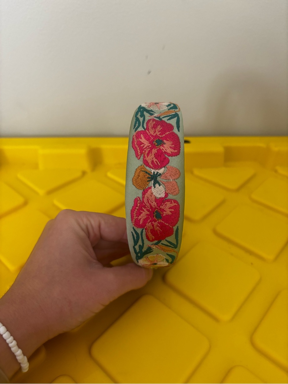 Vintage Floral Embroidered Mint Green Fabric Powder Headband